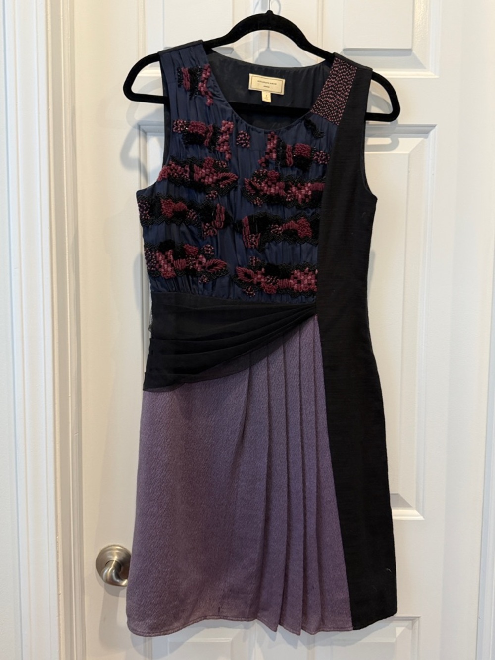 Anthropologie Moulinette Soeurs Black Purple Appliqué Sheath Cocktail Dress bead
